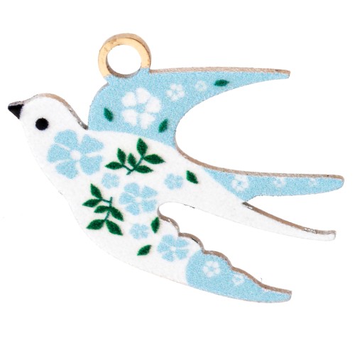 Pendentif oiseau 14x20 mm impression UV - Fleur - Acier inox 304 Doré - Bleu clair
