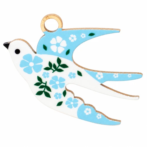 Pendentif oiseau 14x20 mm impression UV - Fleur - Acier inox 304 Doré - Bleu clair
