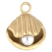 Breloque coquillage 17.5x15 mm avec perle imit nacre Acier inox 304 Doré - Blanc