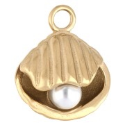 Breloque coquillage 17.5x15 mm avec perle nacre - Acier inox 304 Doré - Blanc