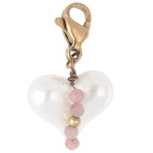 Breloque charms coeur ABS et perles avec fermoir - Acier inox 304 Doré - Blanc x1