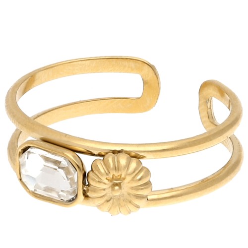 Bague réglable avec cabochon verre - T.53 à T.60 - Acier inox 304 Doré - Crystal
