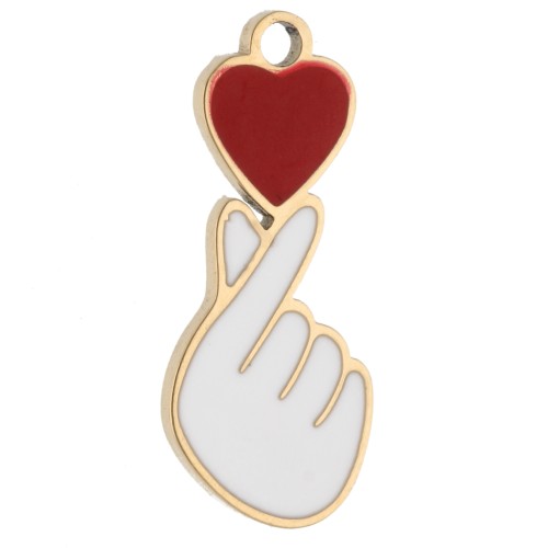 Breloque main cœur 15.9x6.6 mm résine - Acier Inox 304 Doré - Blanc/Rouge x 1