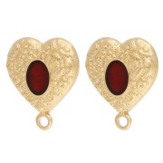 Clous d'oreilles coeurs 19.5x17mm avec résine époxy - Doré à l'or fin - Rouge x2