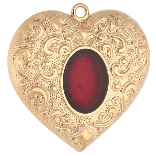 Pendentif coeur 31 mm avec résine époxy - Doré à l'or fin - Rouge x1
