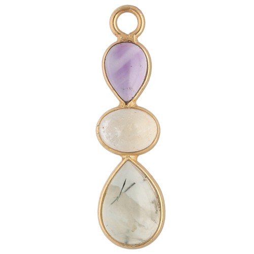 Pendentif géométrique 29x8 mm - Doré à l'or fin - Amethyste - Citrine - Prehnite