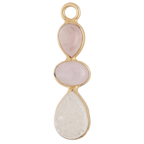 Pendentif géométrique 29x8mm Doré à l'or fin - Morganite - Kunzite - Druzy Blanche