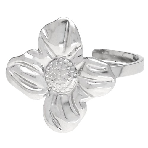 Bague fleur réglable 18 mm - Taille 50 à 58 - Acier inoxydable 316 x1