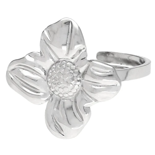 Bague fleur réglable 18 mm - Taille 50 à 58 - Acier inoxydable 316 x1
