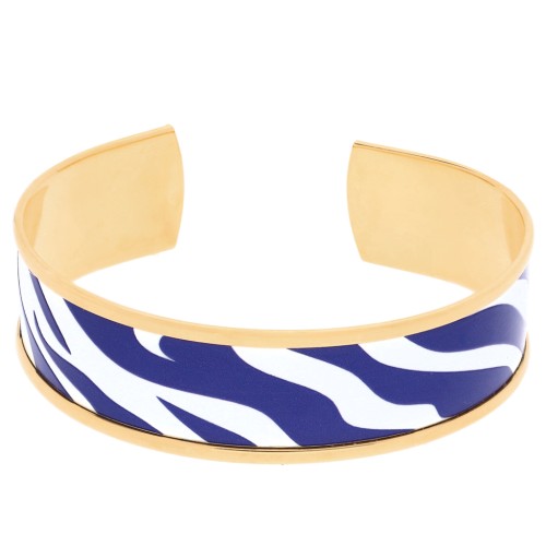 Bracelet manchette 17x160 mm motif zèbre - Doré à l'or fin - Blanc - Bleu foncé x1
