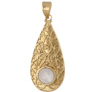 Quartz rose - Pendentif goutte ethnique 39x18 mm pierre gemme 8 mm Quartz rose - Doré à l'or fin Pendentif goutte ethnique 39x18 mm pierre gemme 8 mm Quartz rose - Doré à l'or fin