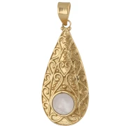 Pendentif goutte ethnique 39x18 mm pierre gemme 8 mm Quartz rose - Doré à l'or fin