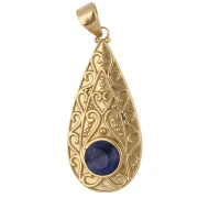 Pendentif goutte ethnique 39x18 mm pierre gemme 8 mm - Saphir - Doré à l'or fin