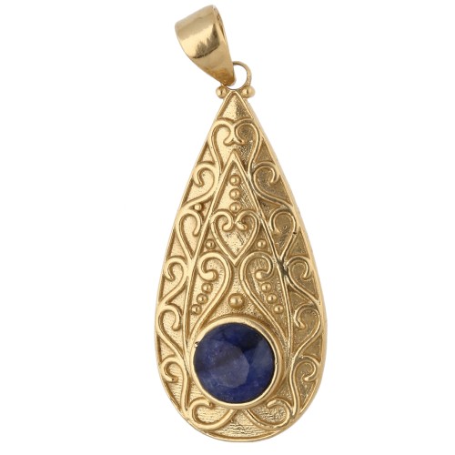 Pendentif goutte ethnique 39x18 mm pierre gemme 8 mm - Saphir - Doré à l'or fin