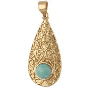 Pendentif goutte ethnique 39x18 mm pierre gemme 8 mm - Amazonite - Doré à l'or fin