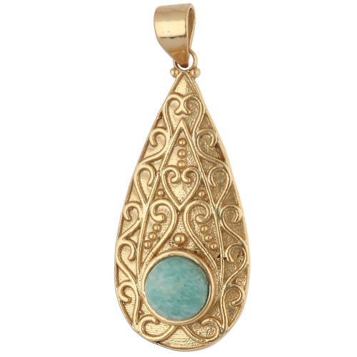 Pendentif goutte ethnique 39x18 mm pierre gemme 8 mm - Amazonite - Doré à l'or fin