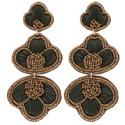 Boucles d'oreilles pendantes 99x45 mm raphia et perles brodées - Bronze - Gris x2