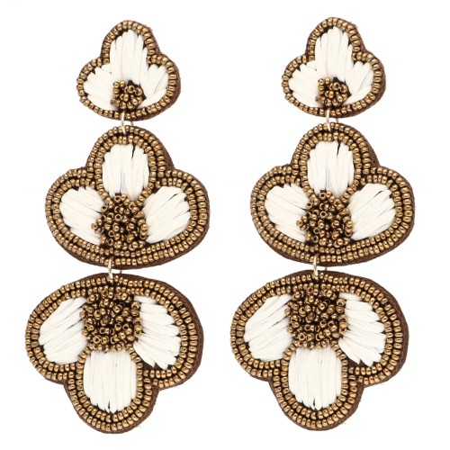 Boucles d'oreilles pendantes 99x45 mm raphia et perles brodés - Bronze - Ecru x2