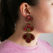 Boucles d'oreilles pendantes 99x45 mm raphia et perles brodés - Bronze - Ecru x2