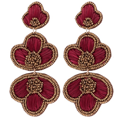 Boucles d'oreilles pendantes 99x45 mm raphia et perles brodés Bronze - Bordeaux x2