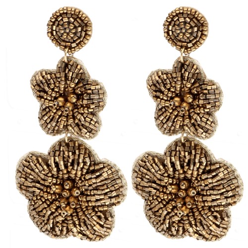 Boucles d'oreilles pendantes fleurs 91x43 mm en perles brodés - Bronze x2