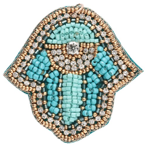 Pendentif main de Fatma 55.5x56mm perles et strass brodés - Turquoise - Crystal x1