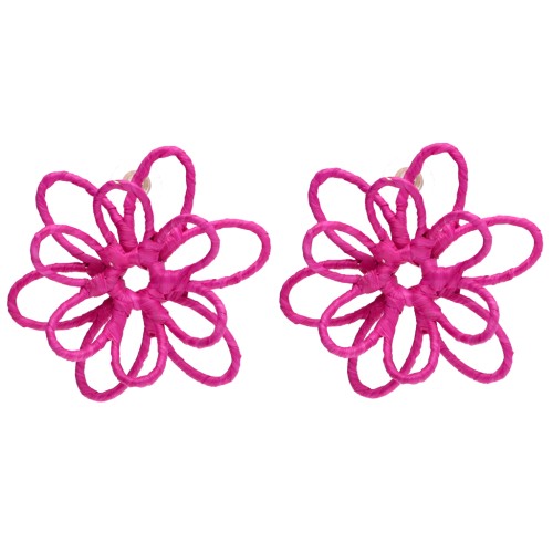 Boucles d'oreilles fleur en fil - volume 3D - 52 mm en raphia - Fuchsia x2