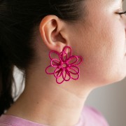 Boucles d'oreilles fleur en fil - volume 3D - 52 mm en raphia - Bleu x2