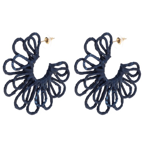 Créoles fleur en fil - volume 3D - 57 mm en raphia - Bleu nuit x2