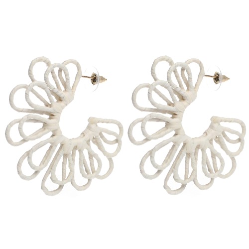 Créoles fleur en fil - volume 3D - 57 mm en raphia - Ecru x2