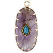 Pendentif ovale 35x16 mm en pierre gemme et imitation Turquoise - Amethyste x1