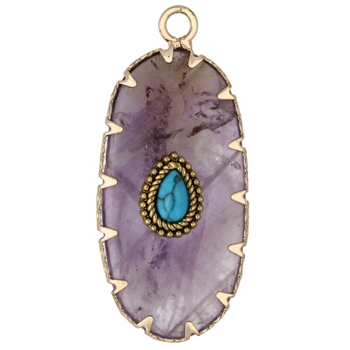 Pendentif ovale 35x16 mm en pierre gemme et imitation Turquoise - Amethyste x1