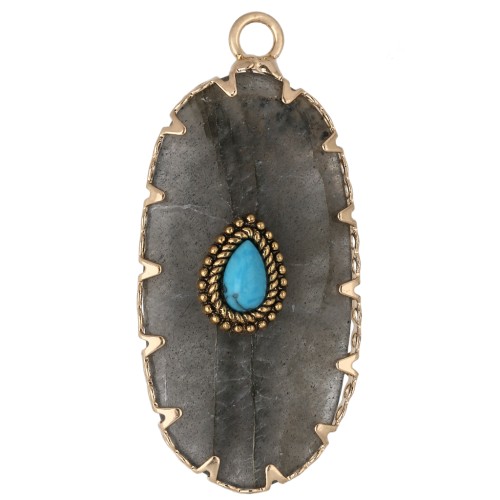 Pendentif ovale 35x16 mm en pierre gemme et imitation Turquoise - Labradorite x1