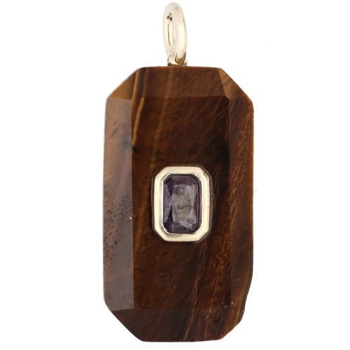 Pendentif rectangle 34x15 mm pierre gemme et CZ - Oeil de tigre - Rose ou Violet