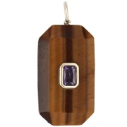 Pendentif rectangle 34x15 mm pierre gemme et CZ - Oeil de tigre - Rose ou Violet
