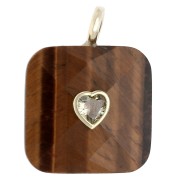 Pendentif carré facetté 33x25 mm en pierre gemme et coeur CZ - Oeil de Tigre x1