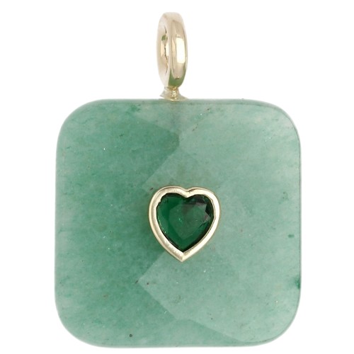 Pendentif carré facetté 33x25 mm en pierre gemme et coeur CZ - Aventurine x1