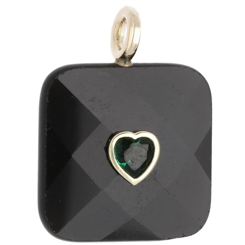 Pendentif carré facetté 33x25 mm en pierre gemme et coeur CZ - Onyx Noir x1
