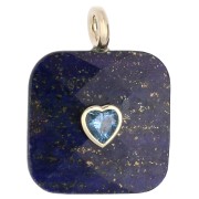 Pendentif carré facetté 33x25 mm en pierre gemme et coeur CZ - Lapis Lazuli x1