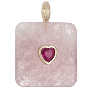 Pendentif carré facetté 33x25 mm en pierre gemme et coeur CZ - Strawberry Quartz|raw }}