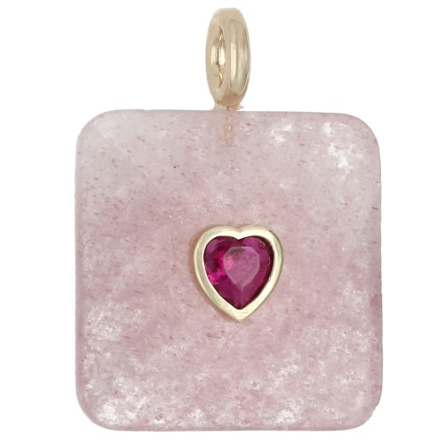 Pendentif carré facetté 33x25 mm en pierre gemme et coeur CZ - Strawberry Quartz
