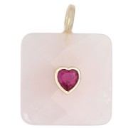 Pendentif carré facetté 33x25 mm en pierre gemme et coeur CZ - Quartz Rose x1|raw }}