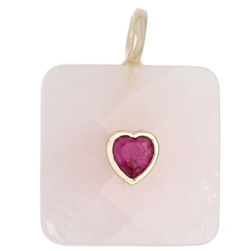 Pendentif carré facetté 33x25 mm en pierre gemme et coeur CZ - Quartz Rose x1