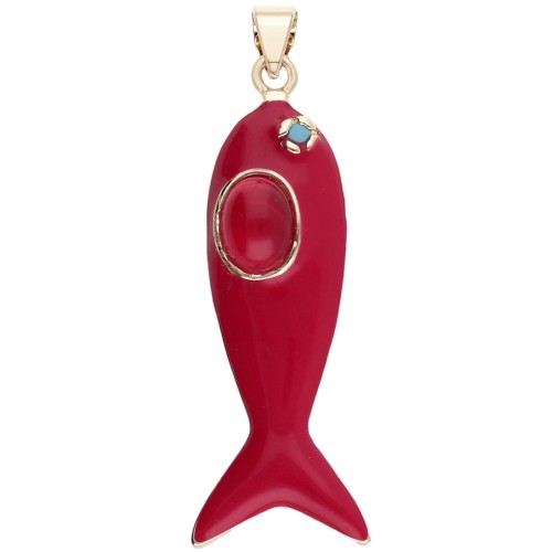 Pendentif poisson 39x11 mm résine époxy et Oxyde de Zirconium - Rouge - Turquoise