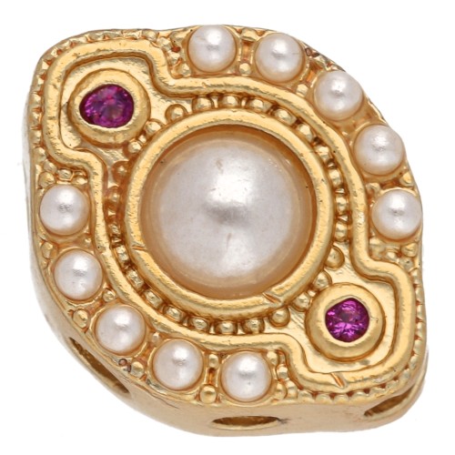Perle navette ethnique 12x9 mm multitrous cabochons nacre et CZ - Doré à l'or fin