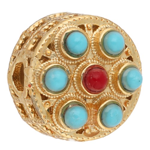 Perle ronde ethnique 11 mm avec imitation pierres gemme - Doré à l'or fin x1