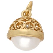Breloque ethnique ronde 11 mm avec cabochon en nacre - Doré à l'or fin - Blanc x1