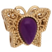 Perle papillon 10x11 mm multi trous avec cabochon - Doré à l'or fin - Violet x1
