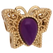 Perle papillon 10x11 mm multi trous avec cabochon - Doré à l'or fin - Violet x1