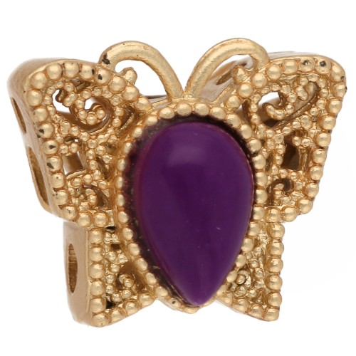 Perle papillon 10x11 mm multi trous avec cabochon - Doré à l'or fin - Violet x1
